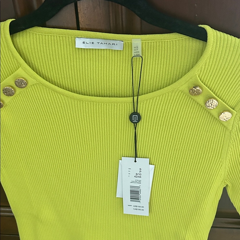 Elie Tahari Gemma Sweater/ Electric Lime Button-Detail Ribbed Tee/Size Small - Picture 2 of 7